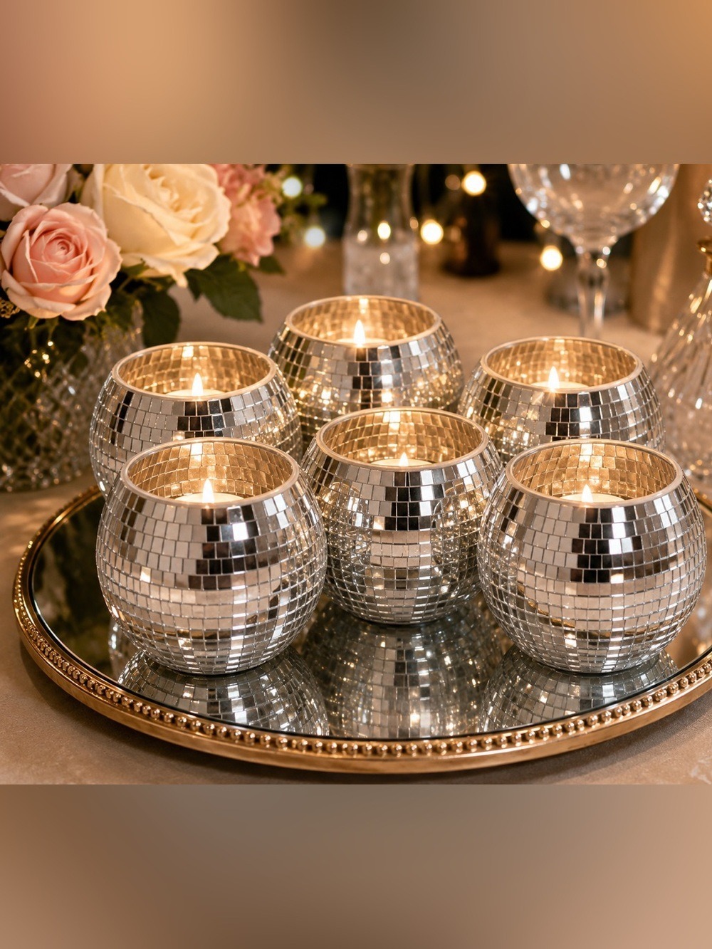 Set of 6 Silver Mirrored Mosaic Glass Votive Candle Holders Wedding Table Decor